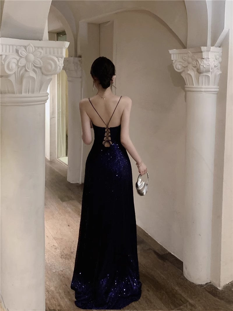 Navy Blue Spaghetti Strap A-Line V-Neck Sequined Long Prom Dress, Adult Ceremony Graduation Evening dress ED0426