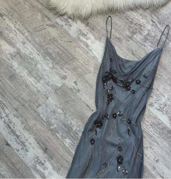 Spaghetti Strap Sheath Chiffon Beaded Long Prom Dresses, Dark Gray Formal Evening Dresses HZ1024