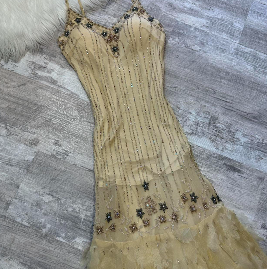 Vintage Spaghetti Strap Sheath Chiffon Beaded Long Prom Dresses, Yellow Formal Evening Dresses ED04265