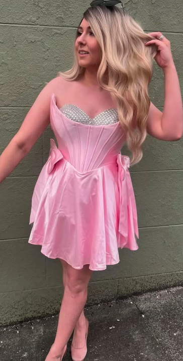 Cute Strapless A-Line Satin Short Prom Dresses, Pink Homecoming Dresses, Sweet Birthday Dresses ED04279