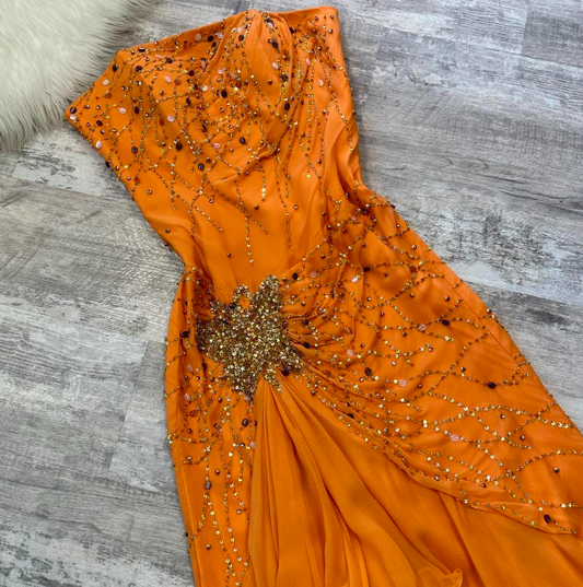 Strapless Sheath Chiffon Beaded Short Prom Dresses,Orange Homecoming Dressess HZ1024