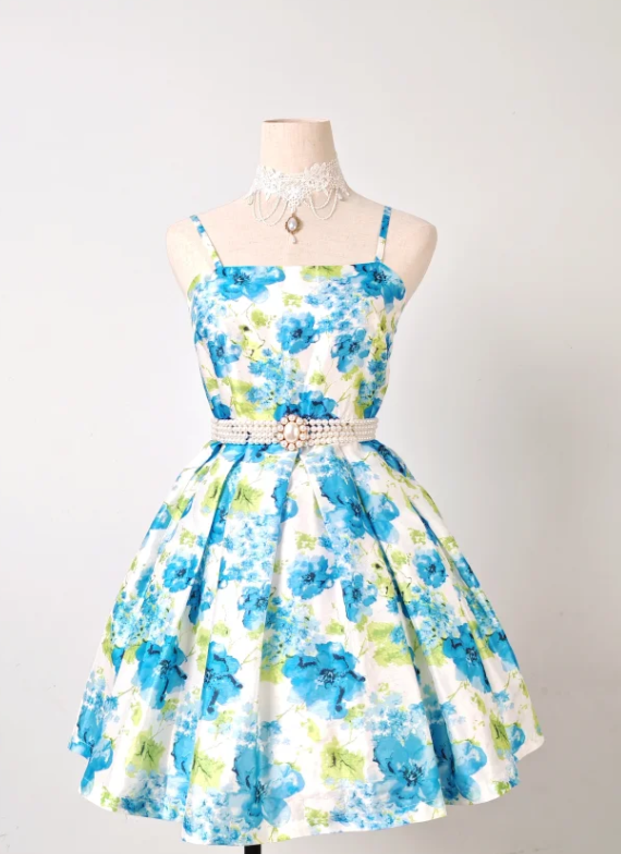Spaghetti Strap A-line Blue Homecoming Dress Floral Birthday Dresses HZ1024
