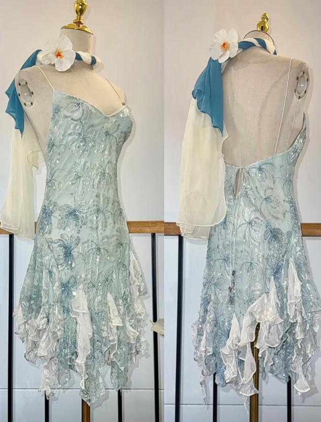 Spaghetti Strap Sheath Beaded Chiffon Short Prom Dresses, Blue Backless Homecoming Dresses HZ1024