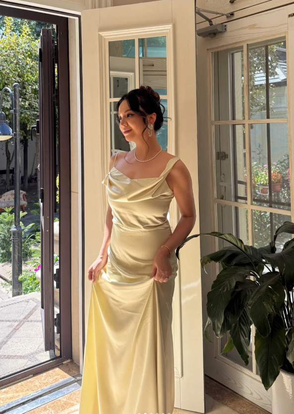 Glam Satin Sheath Wedding Guest Dresses, Pale Yellow Evening Dresses ED04388
