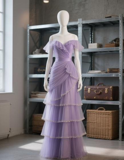 Off-the-shoulder Tulle Sheath Prom Dresses Purple Long Formal Dresses HZ1024