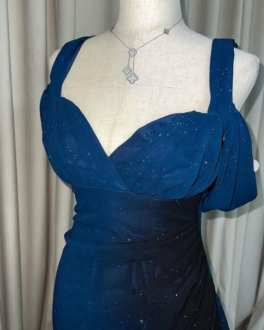 Elegant Gradient Blue Birthday Dresses V-neck Glitter Chiffon Sheath Prom Dresses Party Dresses ED04456
