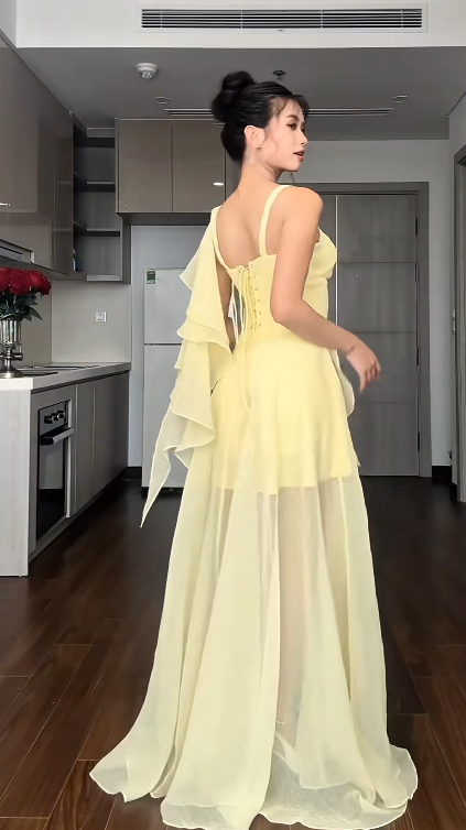 Chic Spaghetti Straps Sheath Hi-Lo Birthday Dresses, Chiffon Yellow Formal Dresses ED04483