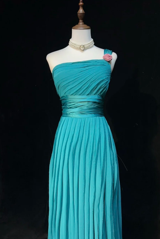 One-Shoulder Sheath Pleated Long Prom Dresses Chiffon Turquoise Evening Dresses HZ1024
