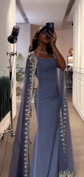 Elegant Bodycon Wedding Guest Dresses Satin Long Sleeve Grey Blue Evening Gowns ED04531