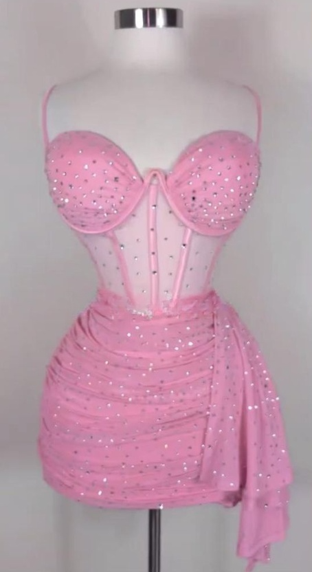 Spaghetti Strap Tight Homecoming Dress Pink Birthday Dresses Rhinestone Chiffon Short Prom Dresses HZ1024
