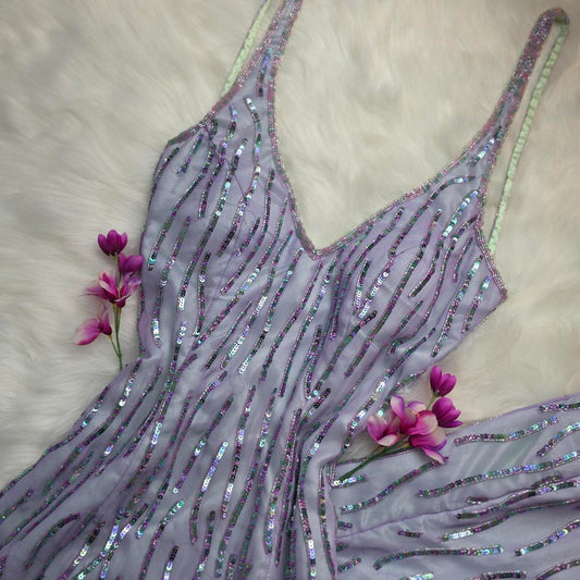 Fairy Sheath Purple Formal Dresses V-neck Prom Dresses Chiffon Sequins Open Back Evening Gowns ED04589