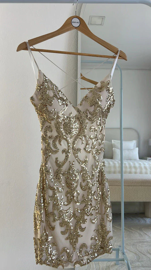 Spaghetti Strap Sheath Short Prom Dresses Sequined Backless Birthday Dresses Gold Sleeveless Homecoming Dresses HZ1024