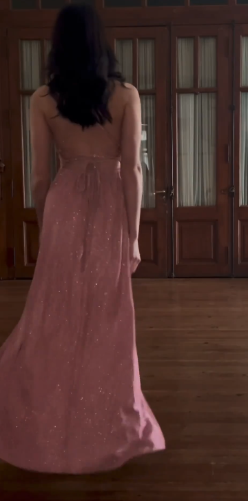 Glittery Spaghetti Strap A-Line Long Prom Dresses with Slits Open Back Dusty Pink Formal Dresses ED04646