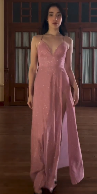 Glittery Spaghetti Strap A-Line Long Prom Dresses with Slits Open Back Dusty Pink Formal Dresses ED04646