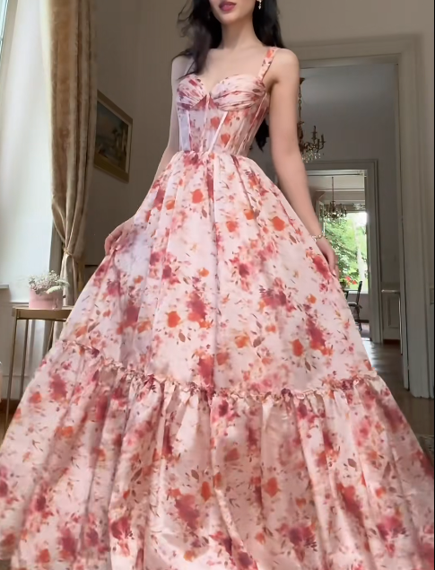 Spaghetti Strap A-Line Wedding Guest Dresses Satin Floral Formal Dresses HZ1024