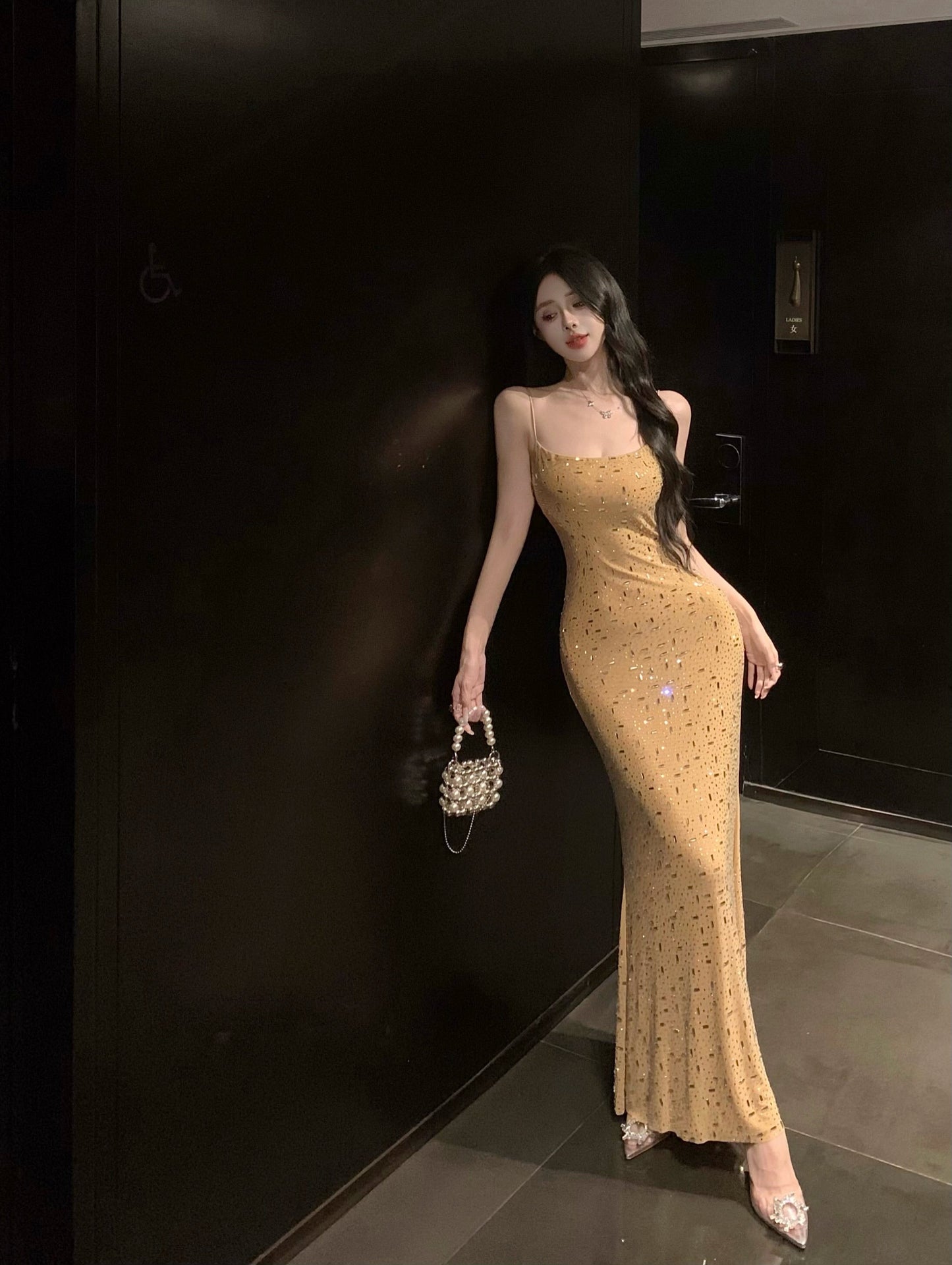 diamond sequin sexy suspender-covering long skirt HZ1024