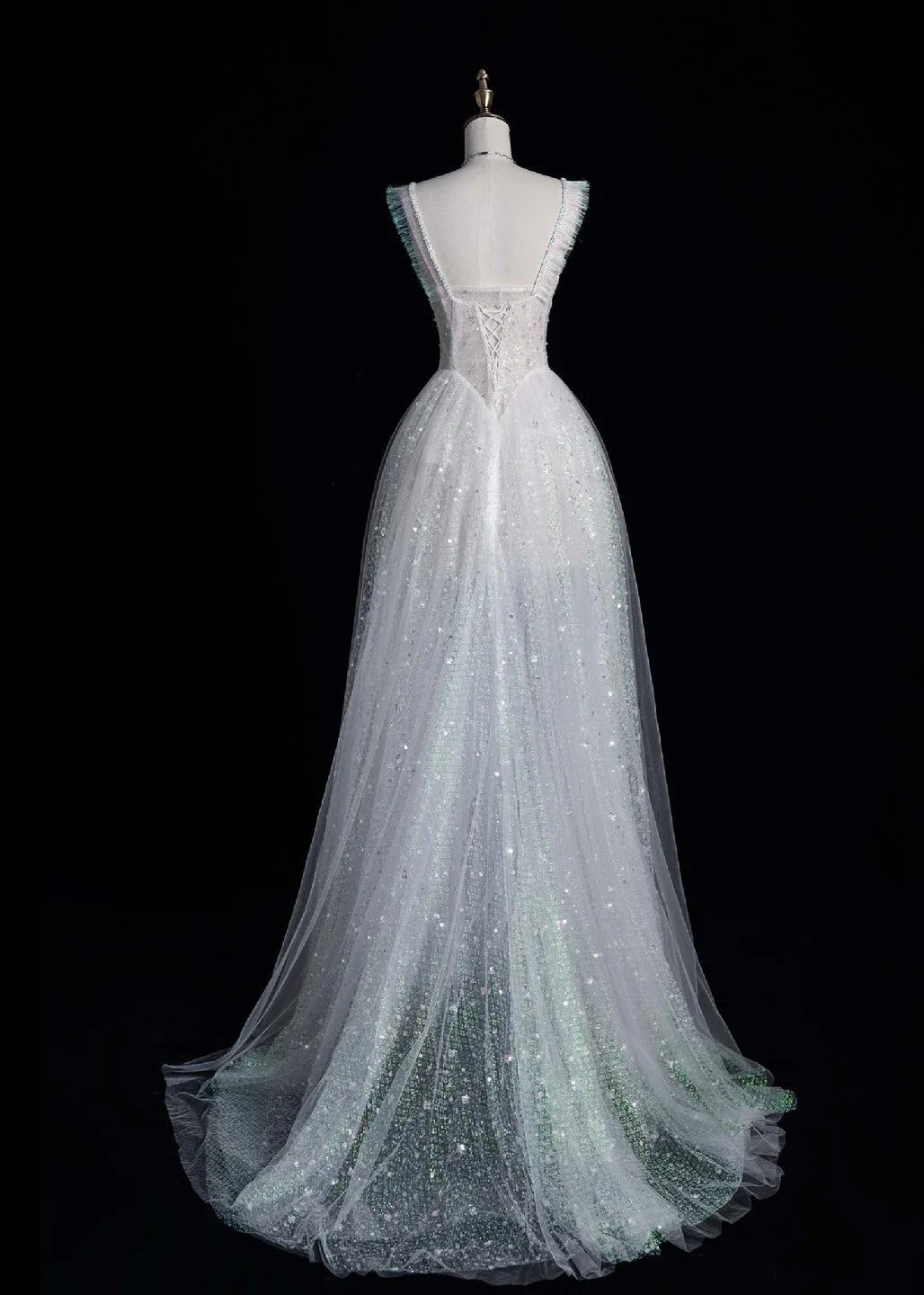 V-neck A-Line Long Prom Dresses Tulle Sequins White Birthday Dresses Sweet 16 Dress HZ1024