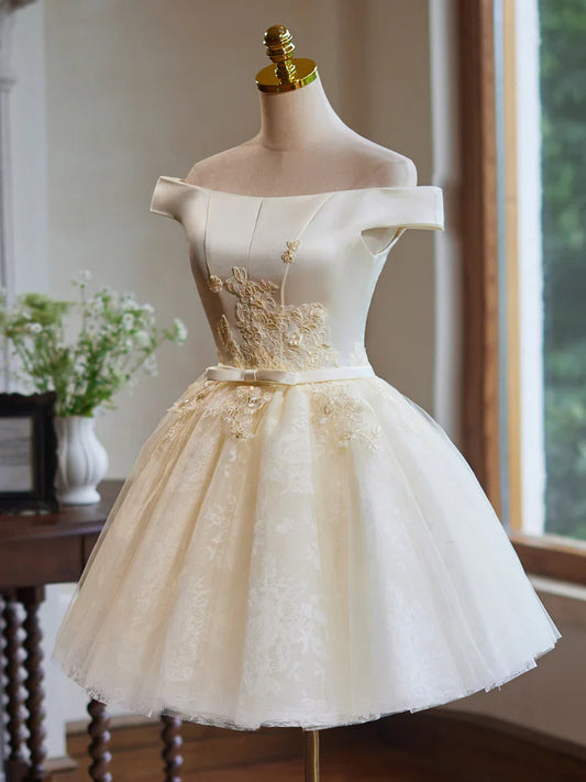 A-Line Off Shoulder Satin Lace Short Prom Dress, Champagne Homecoming Dress ED047