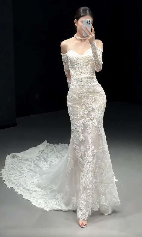 Off-the-shoulder Mermaid Train Wedding Dresses Lace Applique Bridal Gowns Long Sleeve White Bridal Dresses HZ1024