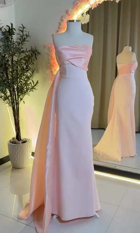 Fairy Strapless Sheath Long Prom Dresses Chiffon Satin New Year Evening Dress Pink Formal Dresses ED04747