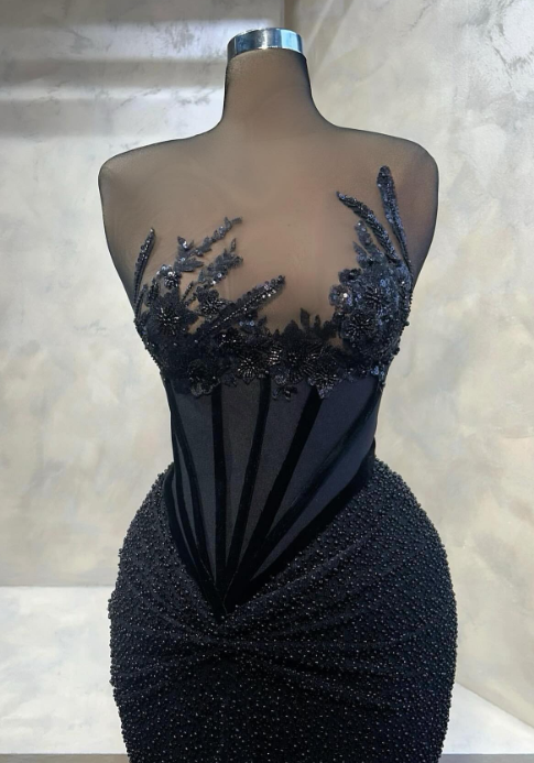Sexy Strapless Sheath Long Prom Dresses Tulle BeadedBlack New Year Evening Dresses ED04752