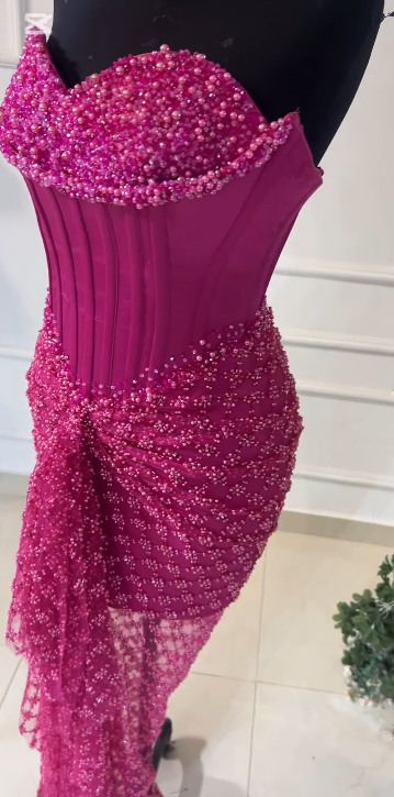 Sexy Sweetheart Sheath Long Prom Dresses Beaded Tulle Fuchsia Evening Dresses ED04768