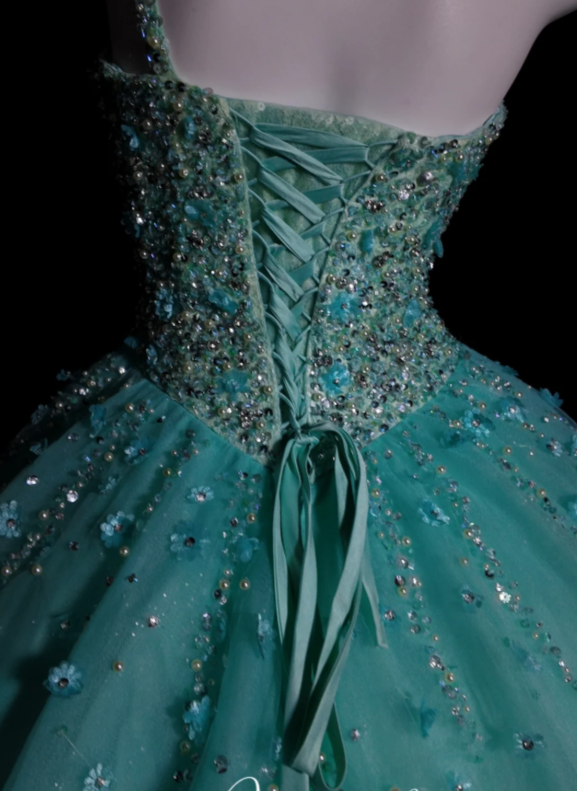 One-Shoulder Ball Gown Turquoise Long Prom Dresses Beaded Tulle Turquoise Quinceanera Dresses Sweet 16 Dress HZ1024