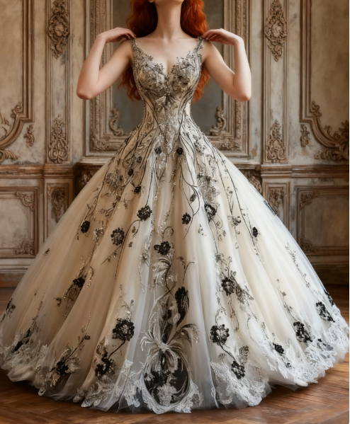 V-neck A-Line Tulle Long Prom Dresses Tulle Beaded Applique White Quincea?era Dresses 2025 Halloween Dress HZ1024