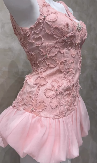 Cute Strap Homecoming Dresses Ball Gown Pink Short Prom Dresses Applique Pink Birthday Dresses ED04866