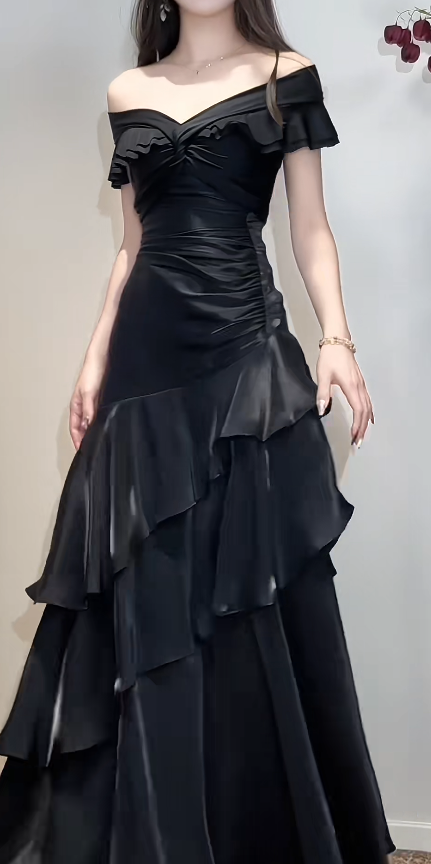 Off-the-shoulder Sheath Black Long Prom Dresses Satin Ruffle Black Long Evening Dresses HZ1024