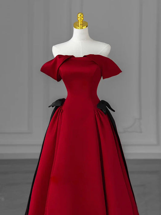 A-Line Off Shoulder Satin Burgundy Long Prom Dress, Burgundy Long Formal Dress ED049