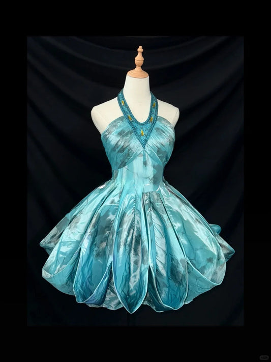 Halter A-line Blue Short Birthday Dresses Satin Blue Party Dresses HZ1024
