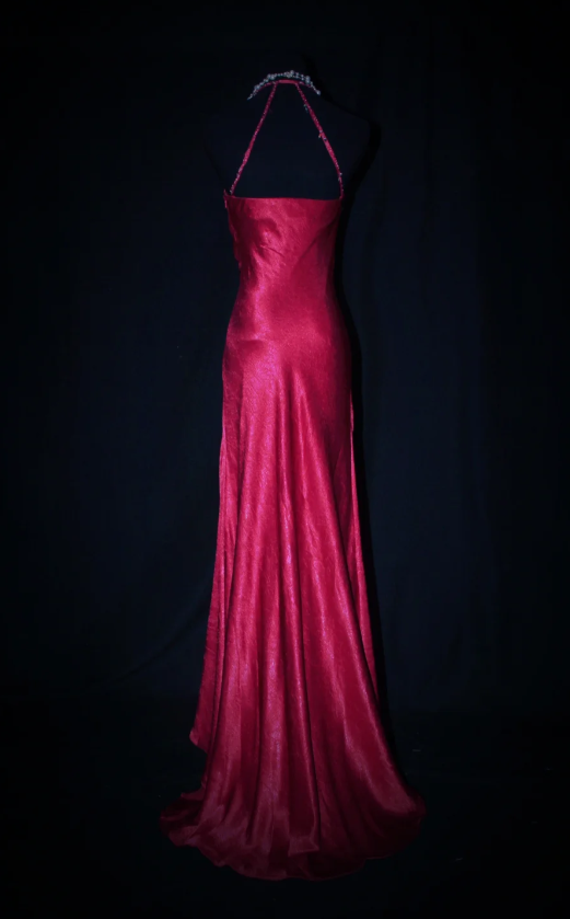 V-neck Sheath Hot Pink Long Prom Dresses Beaded Satin Hot Pink Evening Dresses HZ1024