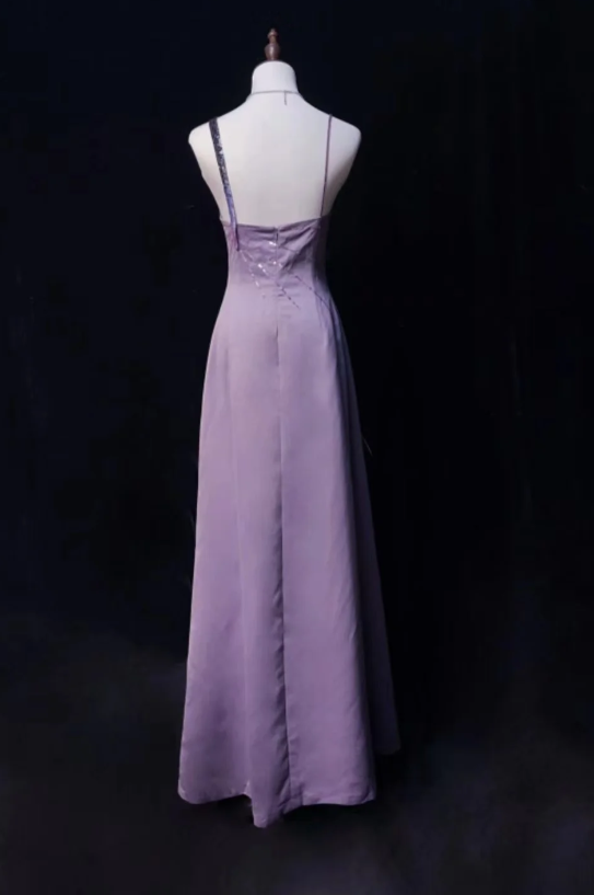 Vintage Asymmetric Neck Sheath Lavender Long Prom Dresses Satin Lavender Evening Dresses ED04932