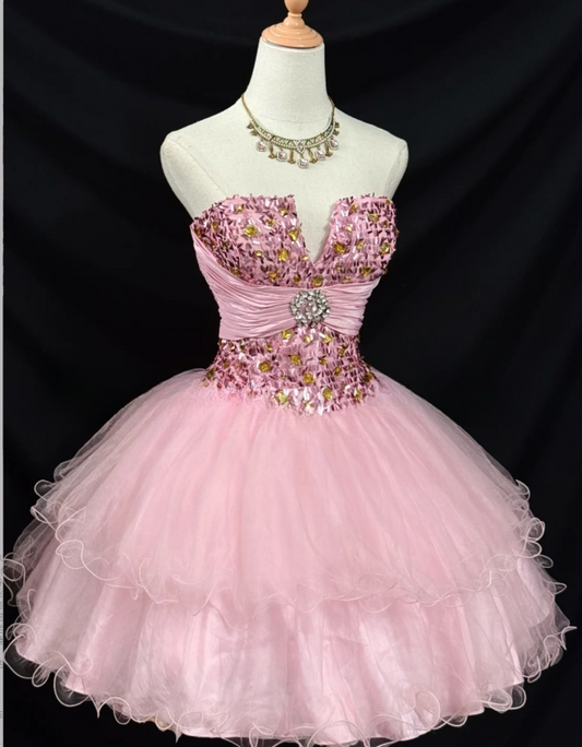 Strapless Ball Gown Tulle Pink Short Prom Dresses Sequined Homecoming Dresses Pink Birthday Dresses HZ1024