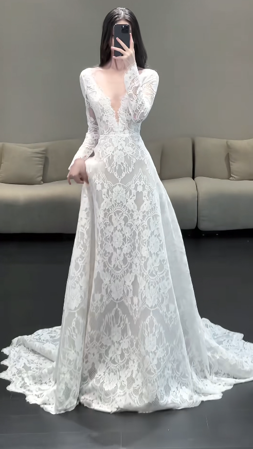 V-neck Mermaid Wedding Dresses with Train Lace Applique White Bridal Gowns Long Sleeve Bridal Dresses HZ1024
