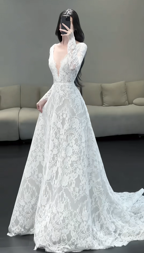 V-neck Mermaid Wedding Dresses with Train Lace Applique White Bridal Gowns Long Sleeve Bridal Dresses HZ1024