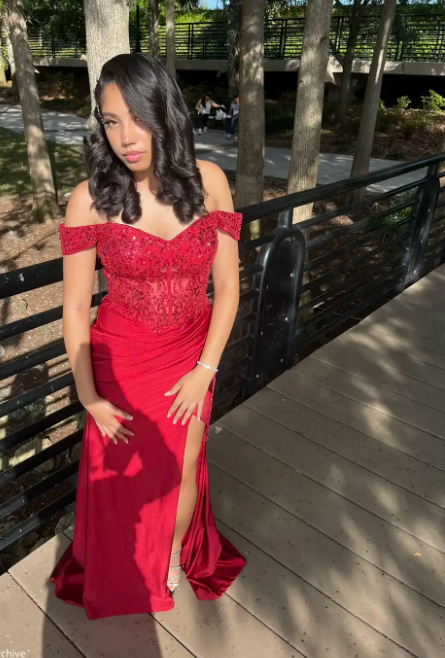 Elegant Off-Shoulder Sheath Long Prom Dresses Applique Satin Red Evening Dress with Slit ED04986