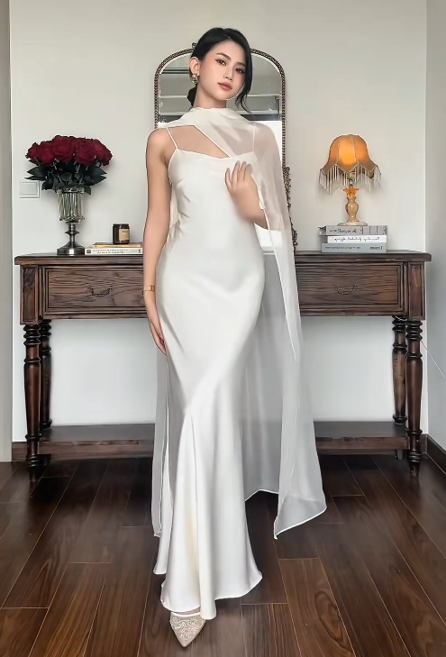 Glam Spaghetti Strap Sheath Long Prom Dresses Satin White Wedding Guest Dresses ED04989