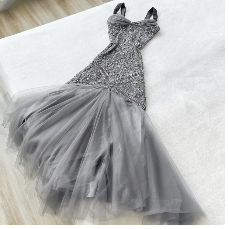 Chic Spaghetti Strap Mermaid Long Prom Dresses Tulle Gray Birthday Dresses ED04995