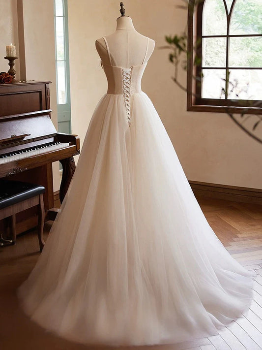 A-Line Sweetheart Neck Tulle Champagne Long Prom Dress With Lace ED050