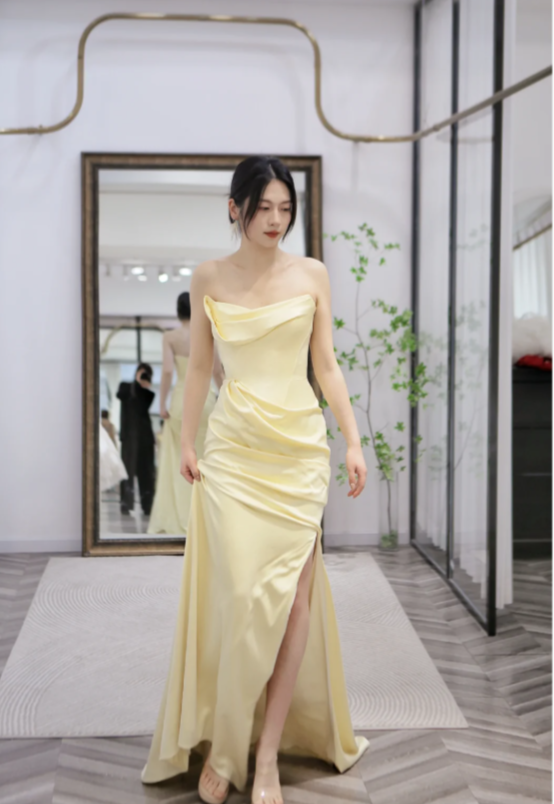Elegant Yellow Strapless Sheath Satin Bridesmaid Dresses with Slits Yellow Formal Evening Dress ED05011