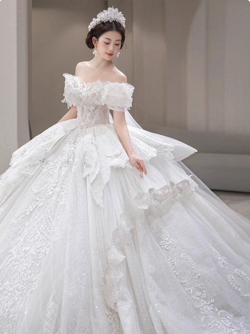 Off-the-shoulder Ball Gown Lace Long Wedding Dresses Applique White Bridal Gowns Short Sleeve Bridal Dresses HZ1024