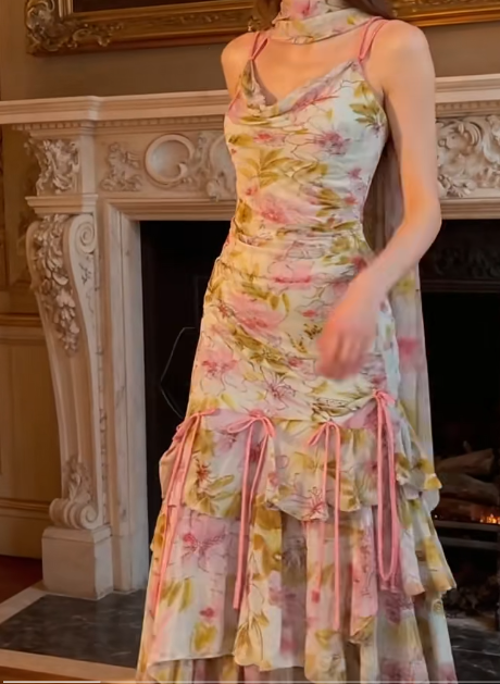 Fairy Spaghetti Strap Sheath Long Prom Dresses Floral Chiffon Vintage Wedding Guest Dresses ED05047