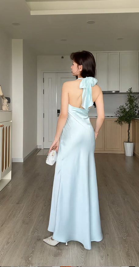 Chic Halter Sheath Light Blue Long Prom Dresses Satin Light Blue Wedding Guest Dresses ED05053