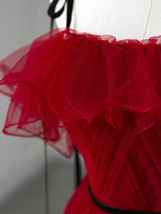 A-Line Off Shoulder Tulle Burgundy Long Prom Dress, Burgundy Long Formal Dress ED051