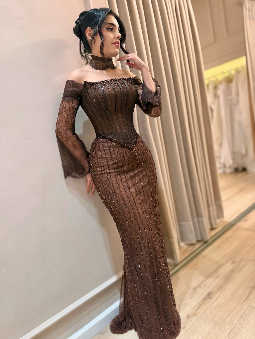 Glam Off-Shoulfder Sheath Brown Long Prom Dresses; Glitter Tulle Brown Wedding Guest Dresses ED05104