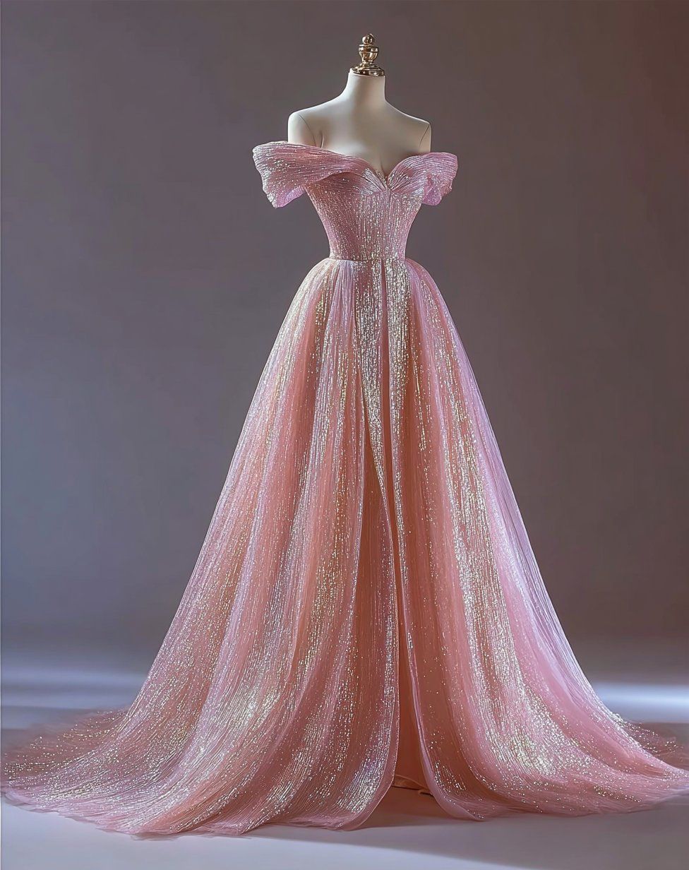 Cute Off-shoulder A-line Pink Long Prom Dresses, Tulle Pink Formal Dresses, Sweet 16 Dress ED05132