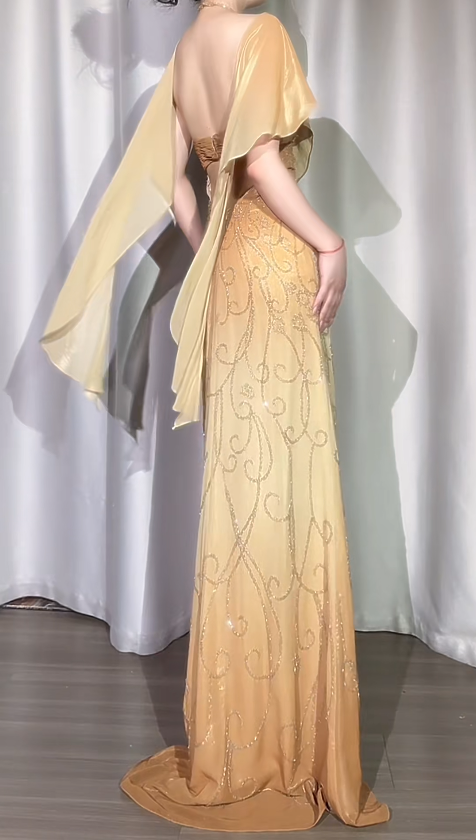 Glam Halter Sheath Gold Long Prom Dresses Glitter Chiffon Beaded Gold Evening Dresses ED05175
