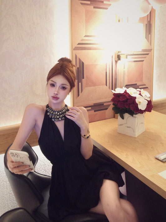 diamond v-neck black halter dress birthday dress HZ1024